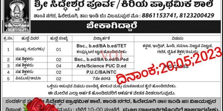 ಕಿರಿಯ/ಹಿರಿಯ ಶ್ರೀ ಸಿದ್ದೇಶ್ವರ ಪ್ರಾಥಮಿಕ ಶಾಲೆಗೆ ಶಿಕ್ಷಕರು ಬೇಕಾಗಿದ್ದಾರೆ..